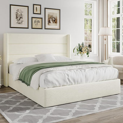 Allewie Queen Size Lift Up Storage Bed, Chenille Fabric Upholstered, Modern Wingback Headboard, Hydraulic Support, No Box Spring Needed, Cream White
