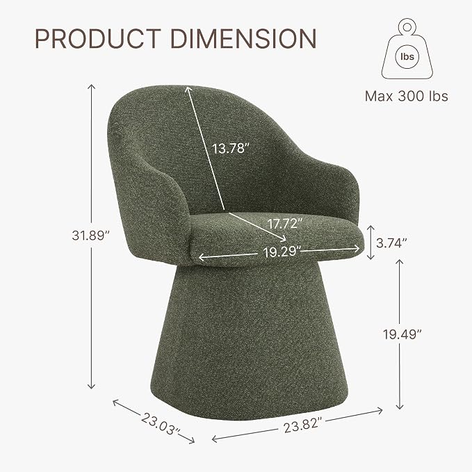 KISLOT Swivel Dining Chairs Set of 1, Upholstered Modern Barrel Dining Chairs with 360° Swivel Base, Chenille Velvet Fabric Accent Kitchen Chairs with Arms, Padded Dining Room Chairs, Green