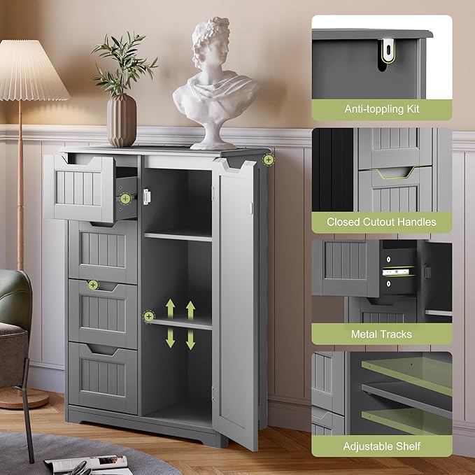 Gizoon Small Pantry with Door and Shelves, 33'' Kitchen Pantry Cabinet Freestanding Wooden Bathroom Storage Cabinet with 4 Drawers for Kitchen and Dining Room, Gray, Painted