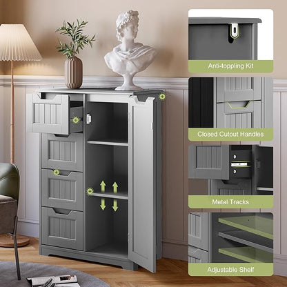 Gizoon Small Pantry with Door and Shelves, 33'' Kitchen Pantry Cabinet Freestanding Wooden Bathroom Storage Cabinet with 4 Drawers for Kitchen and Dining Room, Gray, Painted