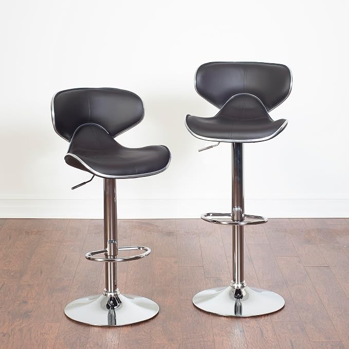 Roundhill Furniture Masaccio Cushioned Leatherette Upholstery Airlift Adjustable Swivel Barstool with Chrome Base, Set of 2, Brown