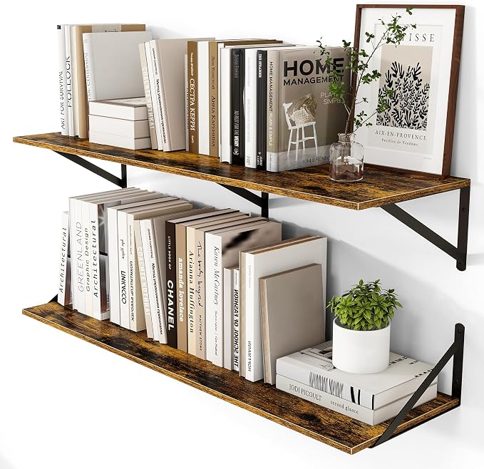 Heimlove Deep Floating Shelves for Wall, 40W x 12D Wood Wall Shelves Set of 2, Wide Floating Bookshelf for Living Room, Kitchen, Office, Bedroom and Decor Storage, with Metal Bracket - Rustic Brown