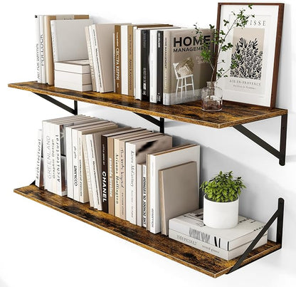 Heimlove Deep Floating Shelves for Wall, 40W x 12D Wood Wall Shelves Set of 2, Wide Floating Bookshelf for Living Room, Kitchen, Office, Bedroom and Decor Storage, with Metal Bracket - Rustic Brown