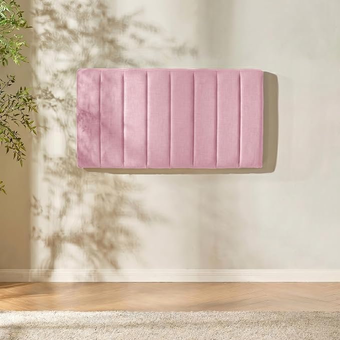 Hearth & Harbor Wall Mounted Twin Headboard Only, Bed Headboard Twin Size | Easy Assemble, Floating Peel and Stick, Upholstered, Channel Stitched, 3D Wall Panels, 5 Strips of 3M Tape Included, Pink