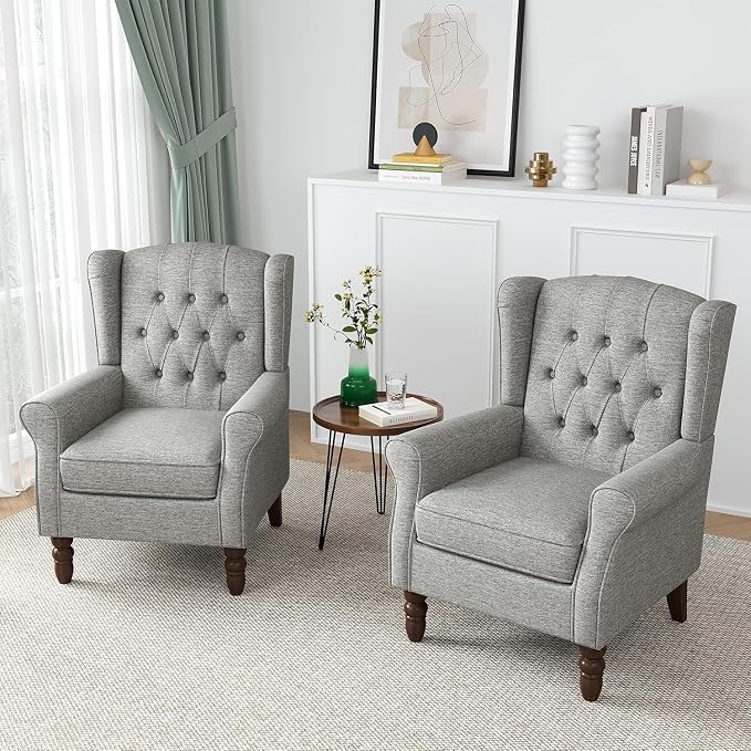 Wingback Accent Chairs Set of 2, High Back Arm Chair for Living Room, Button-Tufted Upholstered Fabric Armchair with Solid Wood Legs, Comfy Single Sofa Reading Chair for Bedroom, Light Gray