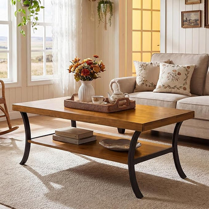Solid Wood Coffee Table, 2-Tier Farmhouse Wood Coffee Table with Storage Shelf and Curved Metal Legs, 47" Center Table Industrial Rustic Living Room Tea Table
