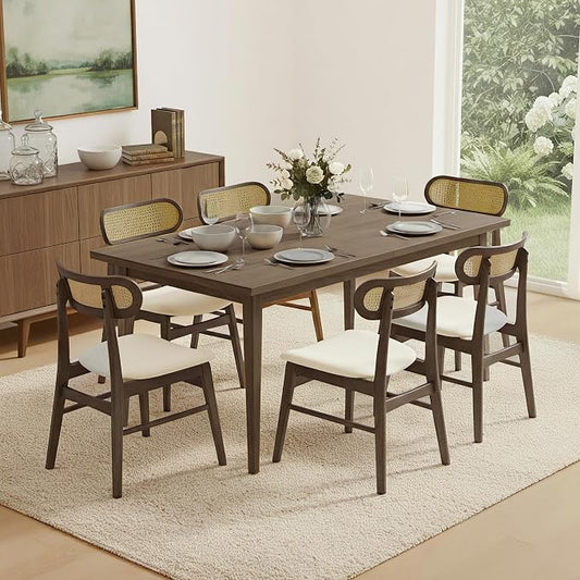 KISLOT Rattan Dining Chairs Set of 6, Upholstered Modern Dining Room Chairs, Mid Century Oak Wood Kitchen Chairs with Rattan Backrest for Farmhouse, Restaurant, Café (Cream Fabric & Walnut Color)