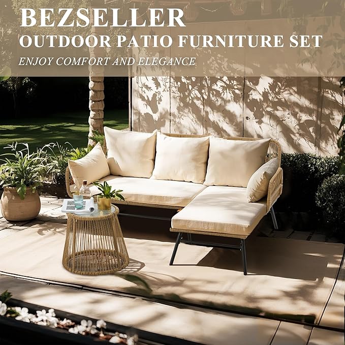 Bezseller 3-Piece Outdoor Patio Furniture Set, L-Shaped Rattan Sectional Sofa with Thick Cushions, Glass Coffee Table – All-Weather Conversation Set for Backyard, Porch, Poolside