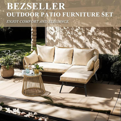 Bezseller 3-Piece Outdoor Patio Furniture Set, L-Shaped Rattan Sectional Sofa with Thick Cushions, Glass Coffee Table – All-Weather Conversation Set for Backyard, Porch, Poolside