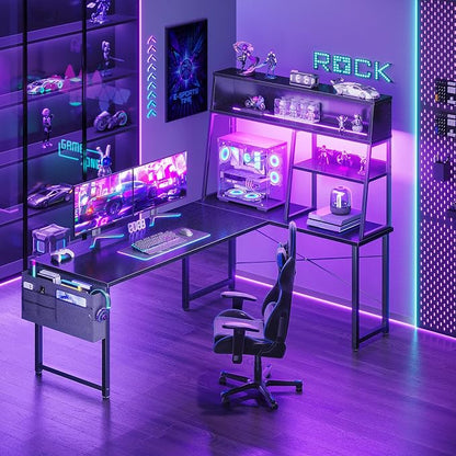 AODK L Shaped Gaming Desk with Led Lights, 59 Inch Reversible Gaming Computer Desk with Display Shelves, PC Gamer Desk Gamer Table with Storage Bag, L Desk for Game, Black