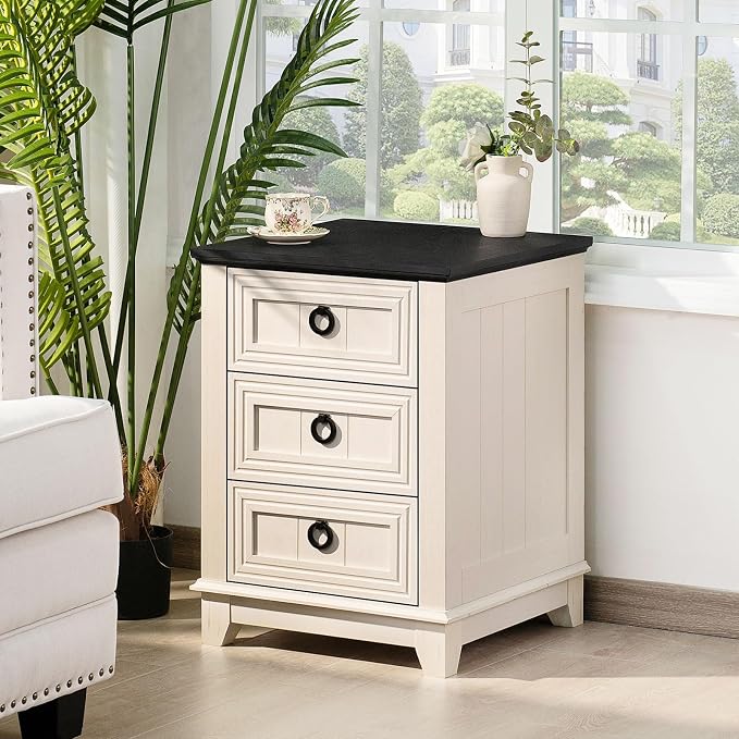 Joaxswe 18" Farmhouse Night Stand with 3 Drawers, Wood End Table Dresser for Bedroom, White Nightstand, Bed Side Table with Metal Handle, Bedside Cabinet for Bedroom Living Room, Closet