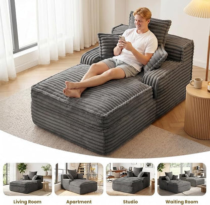 57 Inch Chaise Lounge Chair Indoor, Corduroy Upholstered Boneless Sofa Bed, Deep Seat Sleeper Couch Reading Chairs, Small Comfy Cloud Sofas Couches for Living Room, Bedroom, Grey