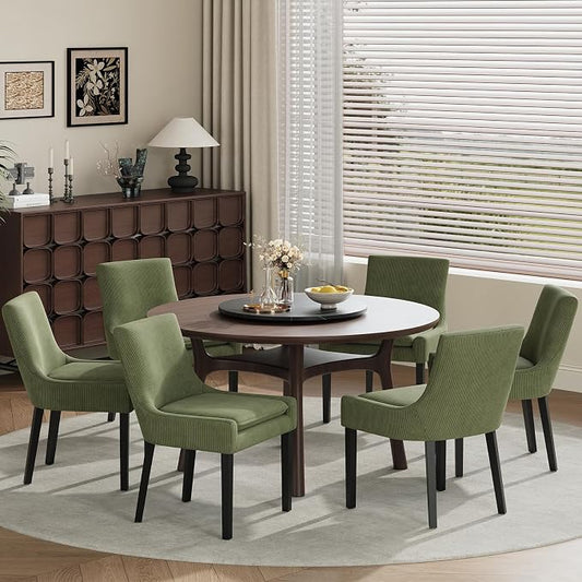 Modern Dining Room Chairs Set of 6 with Mid Back and Wood Legs, Upholstered Kitchen Chairs for Dining Room/Living Room, Light Green
