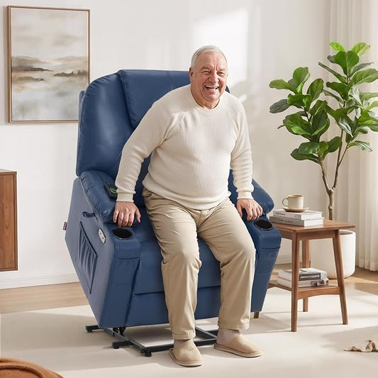 MCombo Oversized Power Lift Recliner Chair for Elderly, Lift Chair with Heat and Massage for Big and Tall, USB&Type C Ports, Cup Holders, Faux Leather R7510 (Blue, Large-Wide)