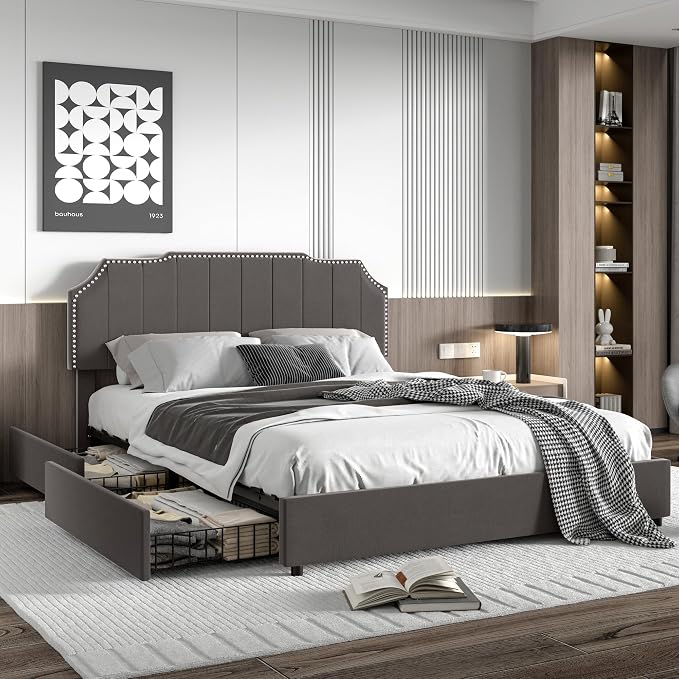 VECELO Queen Bed Frame with 4 Storage Drawers & Upholstered Platform &Tufted Adjustable Headboard/Mattress Foundation/Wood Slat Support,Easy Assembly,Dark Grey