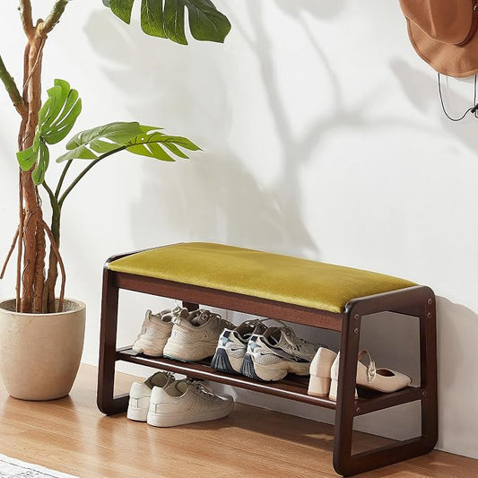 Achicsofar Shoe Rack Bench,2 Tier Solid Wooden Entryway Bench with Shoe Storage, Shoe Rack with Cushion for Living Room, Hallway(Olive Green, 31.5")
