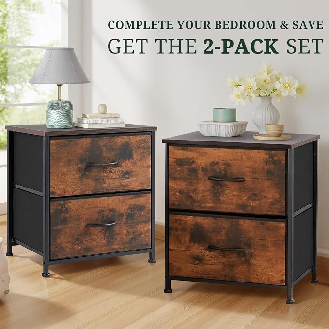 Nightstand Set of 2, Small 2 Drawer Dresser End Table Bedside Furniture, Wooden Top Fabric Bins for Bedroom, Closet, Entryway, Dorm, 11.8" D x 18" W x 20", Brown