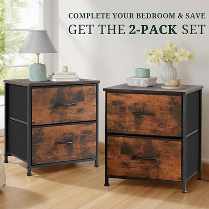 Nightstand Set of 2, Small 2 Drawer Dresser End Table Bedside Furniture, Wooden Top Fabric Bins for Bedroom, Closet, Entryway, Dorm, 11.8" D x 18" W x 20", Brown