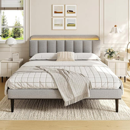 Adjustable Headboard for King/California King Size Bed Frame, Linen Fabric Bed Headboard with Storage & RGB LED Light in Modern Vertical Channel Design, Light Grey