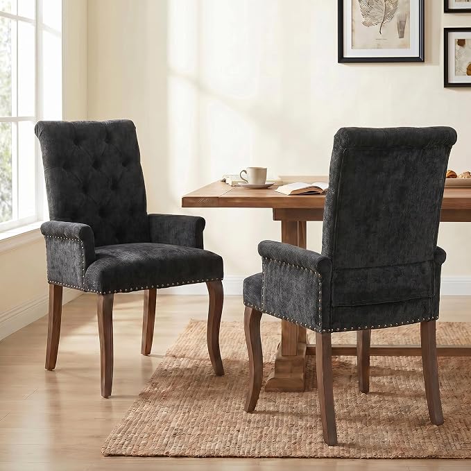 Upholstered Dining Chairs with Arms Set of 2, Black, 2 Pack | Tufted Chenille Kitchen Chairs with Arms, Modern Farmhouse Armchair with Nailhead Trim for Dining Room, Home Office