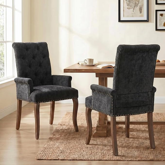 Upholstered Dining Chairs with Arms Set of 2, Black, 2 Pack | Tufted Chenille Kitchen Chairs with Arms, Modern Farmhouse Armchair with Nailhead Trim for Dining Room, Home Office