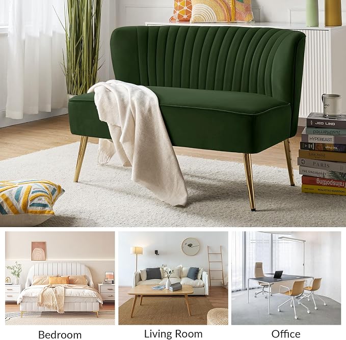 TINA'S HOME Mid-Century Velvet Loveseat Sofa, Upholstered Loveseat Couch with Golden Metal Legs, Small Tufted 2-Seat Sofa Armless Love Seat for Living Room Bedroom, Forest