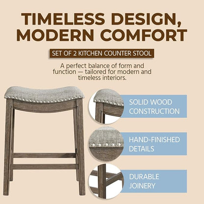 ROME + OAK Set of 2 Parker 26 Inch Counter Stool, Backless Saddle Kitchen Barstool in Walnut Finish with Grey Fabric Upholstery Cushion Seat
