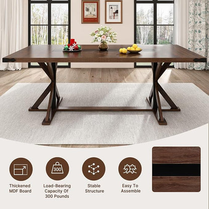 Hlivelood 78 Inch Dining Table for 8 People, Rectangular Kitchen Farmhouse Table W/Thickness Waterproof Wood Tabletop,Long Dining Room Tables W/Wood Strip Base for Kitchen Living Room(78IN Brown)