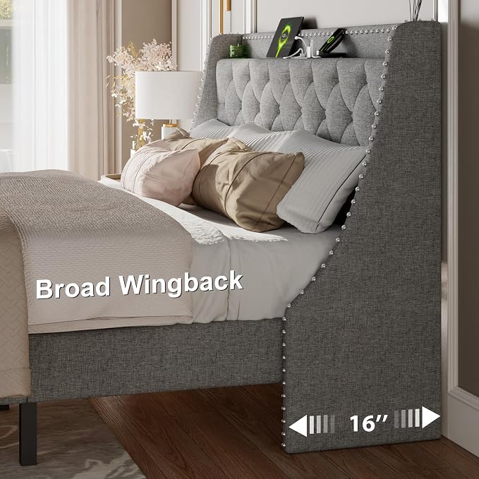 Feonase King Size Bed Frame with Luxury Wingback and Fast Charging Station, Upholstered Button Tufted Storage Headboard, King Platform Bed, Heavy Duty Wooden Slats Support, Easy Assembly, Light Gray