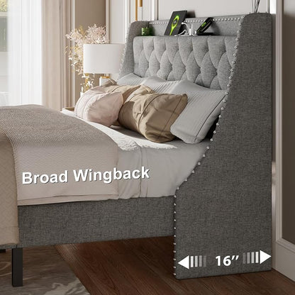 Feonase King Size Bed Frame with Luxury Wingback and Fast Charging Station, Upholstered Button Tufted Storage Headboard, King Platform Bed, Heavy Duty Wooden Slats Support, Easy Assembly, Light Gray