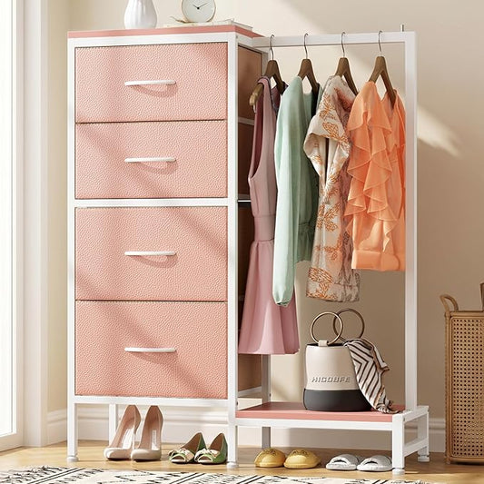 HIGDBFE Dresser with Hanging Rack, 4 Drawers Small Closet for Bedroom, Reversible Fabric Kids Chest of Drawers with Clothes Rack, Tall Storage Tower, Sturdy Frame, Pink, 44''H