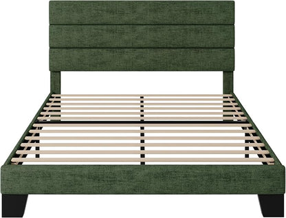 Allewie Full Size Platform Bed Frame with Fabric Upholstered Headboard and Wooden Slats Support, Fully Upholstered Mattress Foundation/No Box Spring Needed/Easy Assembly, Green