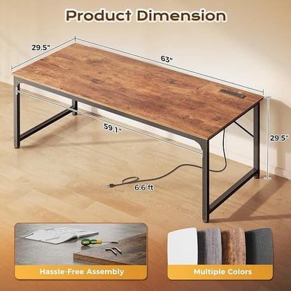 PRAISUN 63 X 30 Inch Extra Deep Desk with Power Outlets | Long Computer Desk for Bedroom, Office Desk for Work from Home, Writing Study Gaming Table, Stable Metal Frame, Rustic Brown