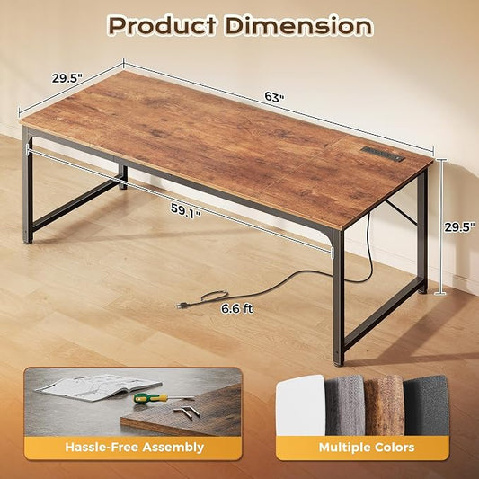 PRAISUN 63 X 30 Inch Extra Deep Desk with Power Outlets | Long Computer Desk for Bedroom, Office Desk for Work from Home, Writing Study Gaming Table, Stable Metal Frame, Rustic Brown