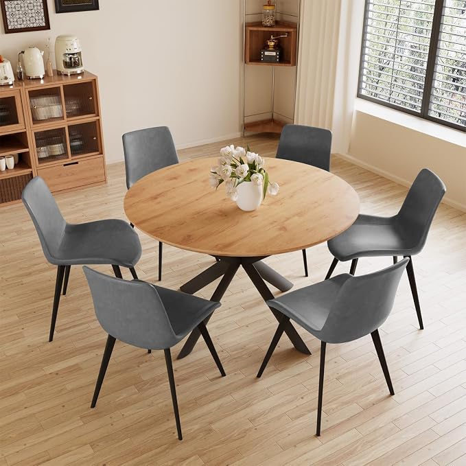 HIPIHOM 43.2"-59.1" Extendable Dining Kitchen Table with 6 PU Chairs | 6 leather chairs included, mid century modern round table, oak MDF top, scratch resistant, space saving design