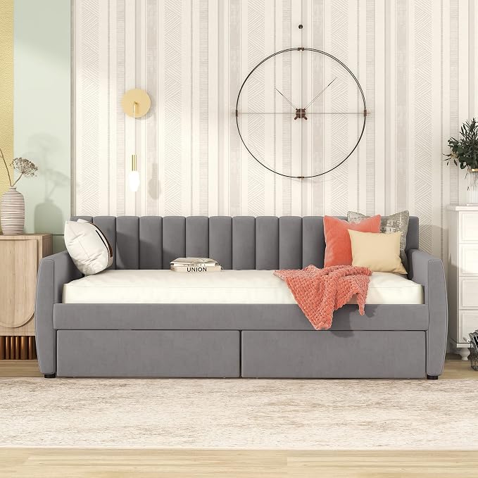 Merax Upholstered Daybed with 2 Drawers, Twin Size Bed Frame with Storage and Wood Slat Support, Gray