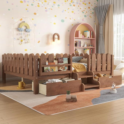 Bellemave Queen Size Montessori Bed with Stairs, Lights, Rails and Slats, Queen Size Montessori Floor Bed with Bookshelf and 2 Storage Drawers, Easy Assemble Beds Frame for Girls, Boys, Natural