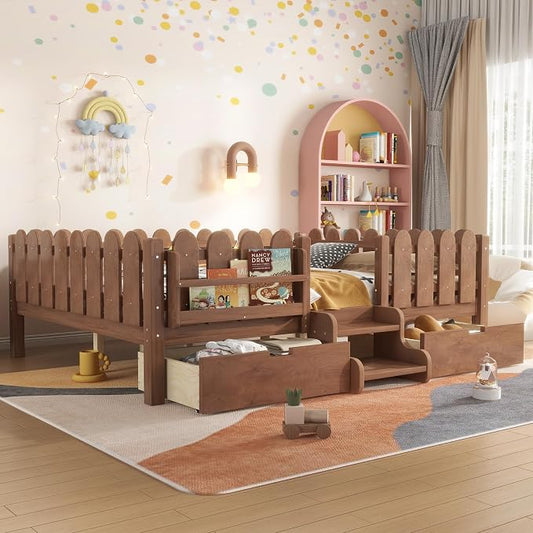 Bellemave Queen Size Montessori Bed with Stairs, Lights, Rails and Slats, Queen Size Montessori Floor Bed with Bookshelf and 2 Storage Drawers, Easy Assemble Beds Frame for Girls, Boys, Natural