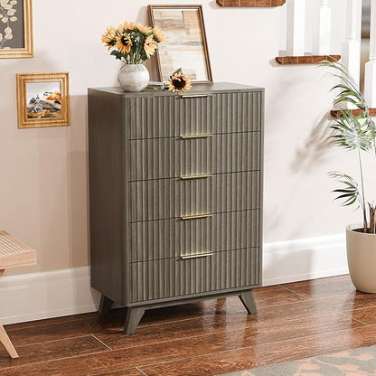 VINGLI Fluted Tall Dresser 5 Drawer Grey Chest of Drawers, Wood Dresser with Rounded Edges, Gray Chest Dressers for Bedroom, 29.92" W*15.6" D*44.88" H
