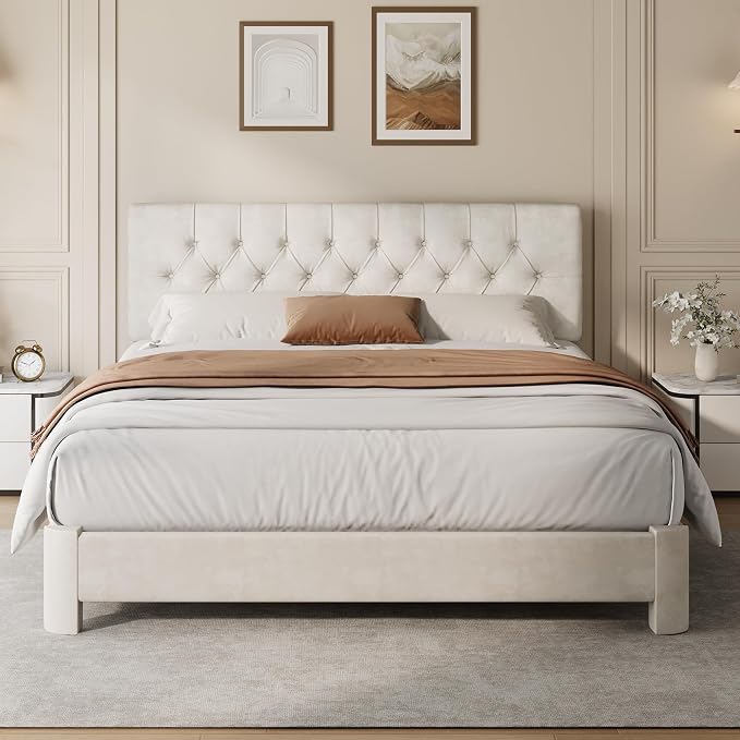 Full Size Bed Frame with Headboard, Luxury Velvet Fabric Upholstered Bed frame with Button Tufted Design, Strong Wooden Slats Support - Low & Sturdy, Noise-Free, No Box Spring, Easy Assembly, Beige | Plush velvet