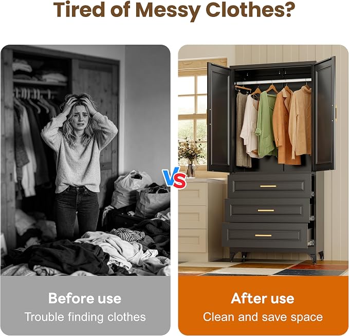 Metal Wardrobe Cabinets with 3 Drawers,Black Armoire Wardrobe Closet with Hanging Rod,Clothes Storage Cabinet with Adjustable Shelves and Doors,Clothing Cabinet for Bedroom,Laundry Room