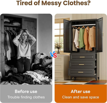 Metal Wardrobe Cabinets with 3 Drawers,Black Armoire Wardrobe Closet with Hanging Rod,Clothes Storage Cabinet with Adjustable Shelves and Doors,Clothing Cabinet for Bedroom,Laundry Room