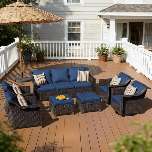 7 Pieces Patio Conversation Furniture Set - 1 Sofa, 2 Armchairs, 2 Ottomans, 2 Swivel Chairs, Outdoor Wicker Furniture with Removable Cushions for Porch, Balcony, Sunroom (Blue)