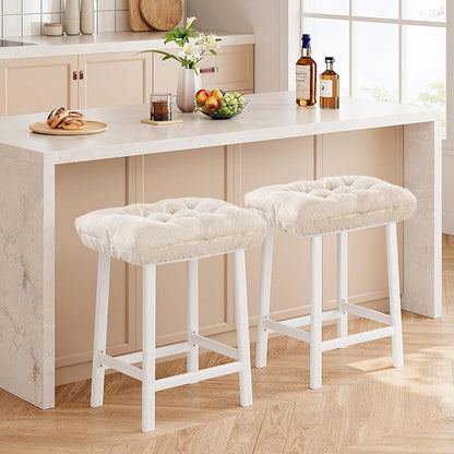 Rectangular Stool Cushion Set of 4, Soft Saddle Stool Cushions with Ties, Nonslip and Washable, Beige, 18 x 10.5 x 4 Inch