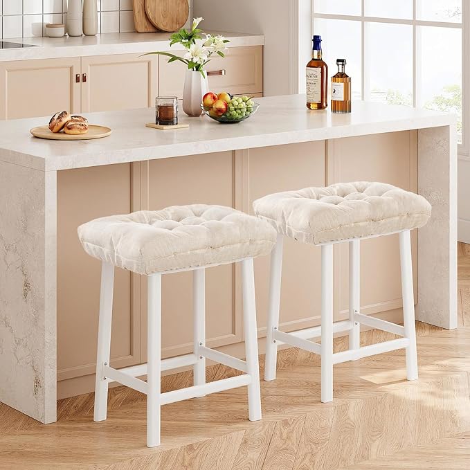 Rectangular Stool Cushion Set of 2, Soft Saddle Stool Cushions with Ties, Nonslip and Washable, Beige, 18 x 10.5 x 4 Inch