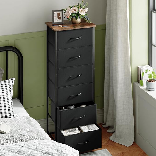 Somdot Tall Dresser for Bedroom with 6 Drawers, Storage Organizer Chest of Drawers with Removable Fabric Bins for Closet Bedside Living Room Laundry Entryway Hallway, Black Rustic Brown