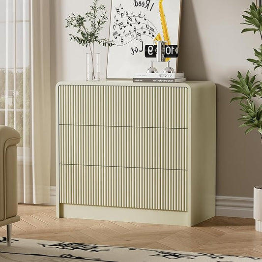 Furniway Beige 3 Drawer Dresser, 32" Wide Wood Chest of Drawers with Curved Design, Modern Fluted Dresser with Push-to-Open Storage for Bedroom
