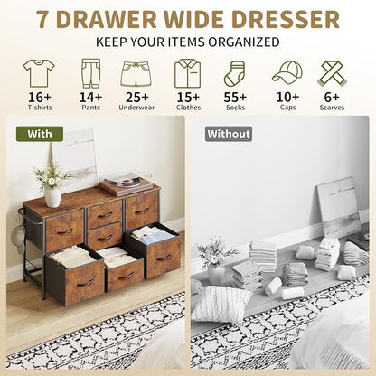 Fabric Dresser for Bedroom, Small Dressers for Kids Bedroom, 7 Drawers Dresser for Closet, Storage Organizer Chest of Drawers for Nursery, Dorm, Apartment, TV Stand, Wood Top, Side Hook (Rustic Brown)