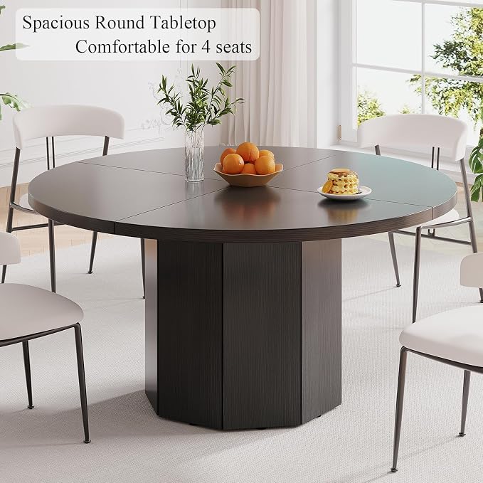 HSH Black Round Dining Table, 47” Modern Dinner Table only for 4-6 People, Modern Circle Kitchen Table for Home Living Room, Wood and Metal Dining Room Desk with Octagon Base, Black Oak, 47 Inch