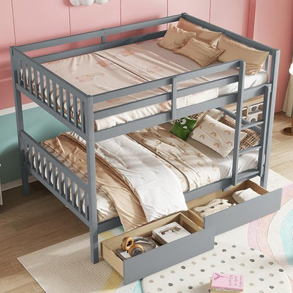 Harper & Bright Designs Full Over Full Bunk Bed with 2 Drawers, Convertible into 2 Beds, Bunk Bed with Ladder and Safety Guardrails, Gray